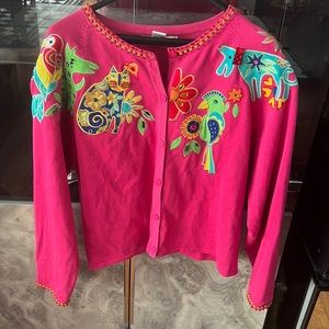 Arriviste XL embroidered hot pink cardigan w/ animals -Laurel Burch style